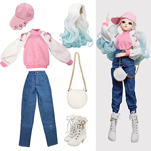 Proudoll 1/3 BJD Puppe Kleidung Outfit Set Handmade stilvolle rosa Hoodie, Jeans, Kappe, Perücke, Cross-Body Tasche und Stiefel, kompatibel mit 1/3 60cm 24in SD Puppen von Proudoll