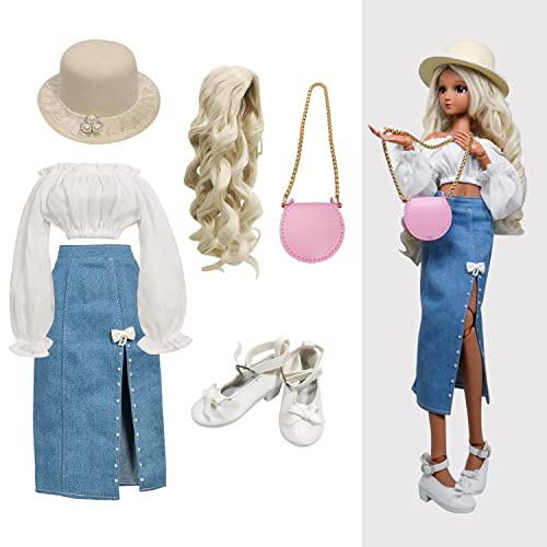 Proudoll 1/3 BJD Puppe Kleidung Outfit Set mit handgefertigten stilvollen Denim Rock, Hut, Bluse, Perücke, Ledertasche Schuhe, kompatibel mit 1/3 60cm 24in SD Puppen von Proudoll