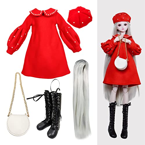 Proudoll 1/3 BJD Puppe Kleidung Outfit Set mit handgefertigten stilvollen roten Kleid, Beret, Perücke, Ledertasche Stiefel, kompatibel mit 1/3 60cm 24in SD Puppen von Proudoll