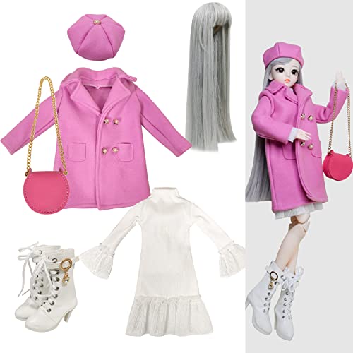 Proudoll 1/3 BJD Puppe Outfit Set Handmade stilvolle Rose Red Mantel, Beret, Kleid, Perücke, Ledertasche Stiefel, kompatibel mit 1/3 60cm 24in SD Puppen von Proudoll