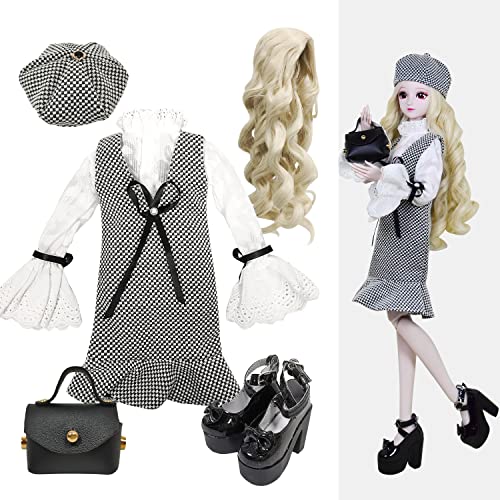 Proudoll 1/3 BJD Puppe Outfit Set Handmade stilvolle schwarz/weiß Karierte Kleid, Beret, Bluse, Perücke, Ledertasche für High Heel, kompatibel mit 1/3 60cm 24in SD Puppen von Proudoll