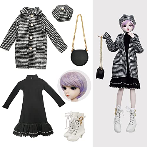 Proudoll 1/3 BJD Puppe Outfit Set Handmade stilvolle schwarz/weiß Karierte Mantel, Beret, Kleid, lila Perücke, Ledertasche Stiefel, kompatibel mit 1/3 60cm 24in SD Puppen von Proudoll