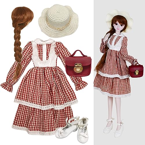 Proudoll 1/3 BJD Puppe Outfit Set mit handgefertigten stilvollen rot/weiß Karierten Kleid, Hut, Perücke, Ledertasche Schuhe, kompatibel mit 1/3 60cm 24in SD Puppen von Proudoll