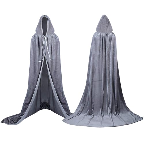 Labellevie Umhang mit Kapuze Lange SAMT Cape Vampir Kostüm Halloween Erwachsener Unisex- Gr. Large, Grau von Proumhang