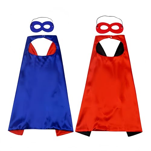 Proumhang 2 Stück Umhang Maske Set Halloween Weihnachten Karneval Kindertag Geburtstag Party Cosplay Performance Kostüm Umhang Superhelden Umhänge für Kinder 1-9 Jahre alt Rot + Blau von Proumhang