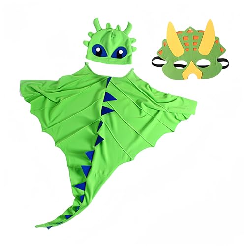 Proumhang 3 Stück Kinder Dinosaurier Umhang Kostüm Für Alter 3~8 Jahre, Dinosaurier Kostüm Cartoon Cosplay Umhang Set, Halloween Buntes Kostüm, Umhang + Gesichtsschutz + Hut Outfits,Grün von Proumhang