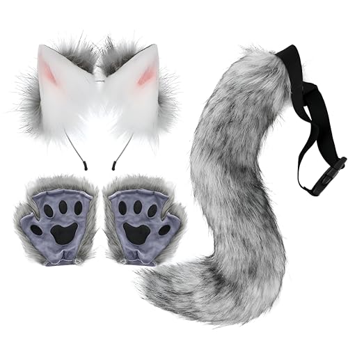 Proumhang 3 Stück Tierohren Stirnband Schwanz Pfote Handschuh Set,Fuchs Katze Cosplay Für Frauen,Halloween Verstellbarer Pelziger Fuchsschwanz Kostüm für Kinder & Erwachsene Dunkelgrau von Proumhang