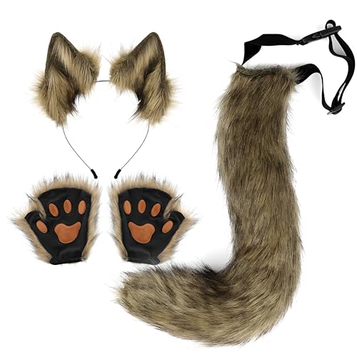 Proumhang 3 Stück Tierohren Stirnband Schwanz Pfote Handschuh Set,Fuchs Katze Cosplay Für Frauen,Halloween Verstellbarer Pelziger Fuchsschwanz Kostüm für Kinder & Erwachsene Gelb von Proumhang