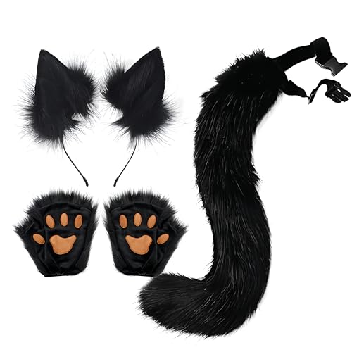 Proumhang 3 Stück Tierohren Stirnband Schwanz Pfote Handschuh Set,Fuchs Katze Cosplay Für Frauen,Halloween Verstellbarer Pelziger Fuchsschwanz Kostüm für Kinder & Erwachsene Schwarz von Proumhang