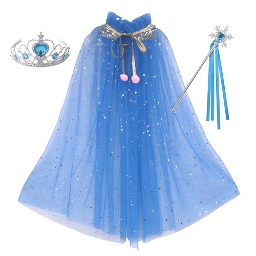 Proumhang 3pcs Prinzessin Kostüme Set,Bunte Umhang mit Zauberstab Krone,Prinzessin Fancy Dress Halloween Kostüm Sparkling Pailletten Tüll Karneval Geburtstag Party Cosplay für Mädchen Dunkelblau M von Proumhang