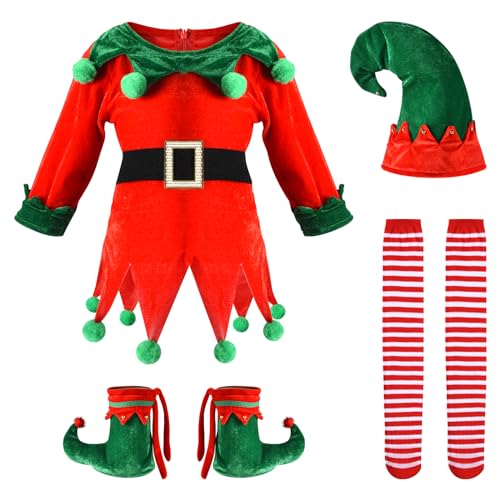 Proumhang 5 Pack Mädchen Frauen Weihnachten Elf Kostüm Set,Kinder Weihnachten Elf Kostüm,Samt Santa's Helper Kostüm,Xmas Festliche Outfit mit Elf Hut Schuhe Gürtel Gestreifte Strümpfe 130 von Proumhang