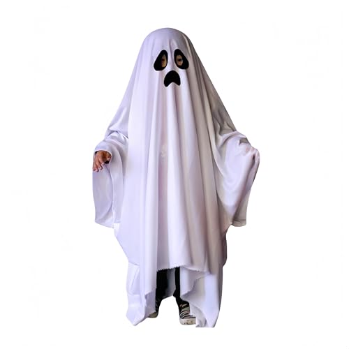 Proumhang Halloween-Geisterkostüm für Kinder und Erwachsene,Weiße Geisterrobe mit angenähtem Geistergesicht,Gruseliges,Schauriges Geister-Halloween-Kostüm Zauberer Umhang 90cm von Proumhang