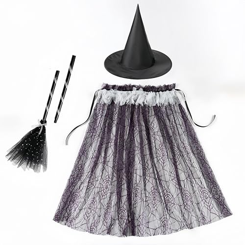 Proumhang Halloween Hexen-Kostüm-Set,Tüll Umhang Spinnennetz Cape Robe,Mesh Cape,Prinzessin Umhang,Halloween Kostüme für Baby Mädchen,Umhang+Besen+Hut Stil 2 von Proumhang