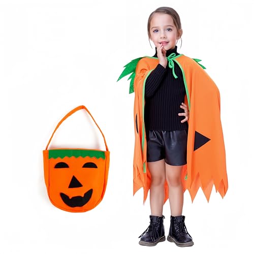 Proumhang Halloween Kürbis Umhang Halloween Kostüme Tasche Outfit Kind Halloween Kleid Cape Vampir Umhang für Jungen Mädchen Eine Größe Passt Höhe 100~140cm Umhang+Tasche von Proumhang