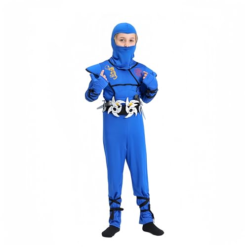 Proumhang Kinder Jungen Cosplay Kostüm Halloween Ninja Kostüm Muskel Anzug Samurai Ninja Performance Kostüme Blau M(120-130cm) von Proumhang