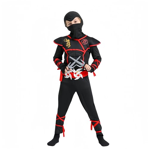 Proumhang Kinder Jungen Cosplay Kostüm Halloween Ninja Kostüm Muskel Anzug Samurai Ninja Performance Kostüme Schwarz S(110-120cm) von Proumhang