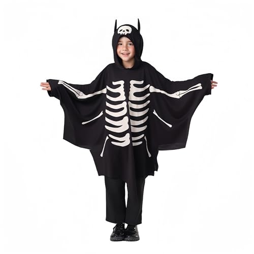 Proumhang Leuchtender Fledermaus-Umhang,Kinder Jungen Mädchen Halloween Skelett Umhang, Kleinkinder leuchten im dunklen Umhang mit Kapuze,Halloween Flügel Poncho Cape Cosplay,Schwarz,110 von Proumhang