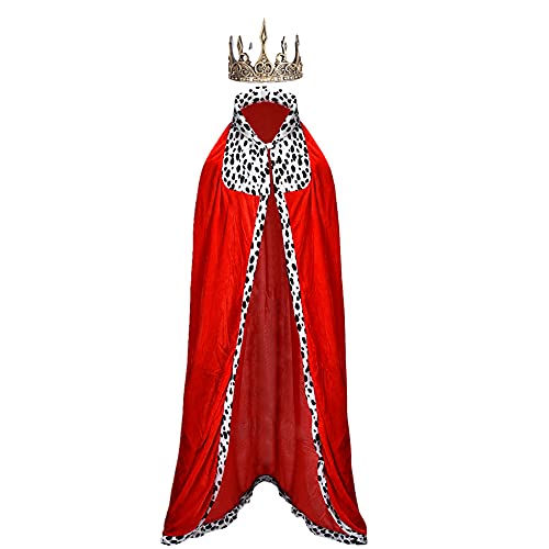 Proumhang Prinz Umhang Set König-Kostüm König Umhang mit Goldener Krone Erwachsener Samtmantel Königsumhang Lange Königsmantel Königskostüm Kostüm Halloween Karneval Weihnachten Rot 130 cm von Proumhang