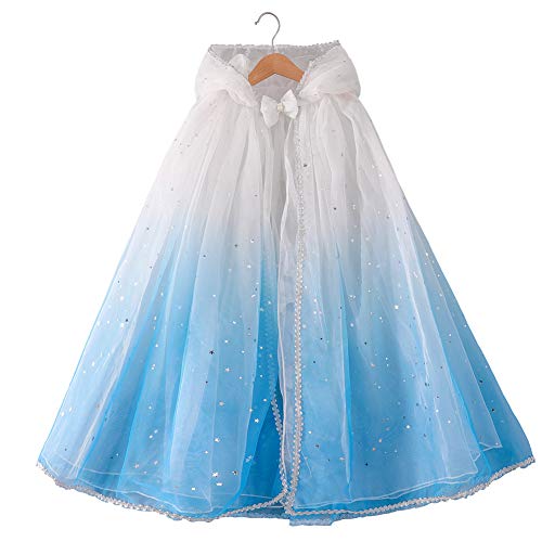 Proumhang Mädchen Tüll Kapuzenmantel Mesh Umhang Glitzernder Pailletten Umhang Halloween Weihnachten Karneval Kindertag Prinzessin Geburtstag Winddichtes Sonnenschutz Cape Weiß+Blau von Proumhang