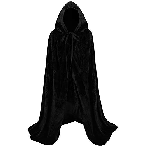 Proumhang Samtmantel mit Kapuze für Kinder Maxi Umhang Zauberer Vampir Umhang Halloween Weihnachten Karneval Fancy Cape Schwarz 90cm von Proumhang