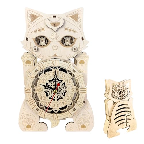 Pruojhw 3D Holzpuzzles für Erwachsene, Katzenglocken-Modell Bausatz, 3D Katze Uhr Assemblage Modell Kit Puzzle | Nettes und kreatives Bausteinmodell für Arbeitszimmer, Wohnzimmer, Kaffeebar, von Pruojhw