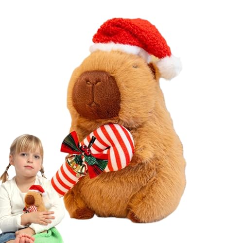 Pruojhw Capybara Stofftier, Capybara Plüschtier,Süßes Capybara mit Weihnachtsmütze und Zuckerstange - Schlafbegleiter, 9,8-Zoll-Plüschspielzeug für Zuhause, Wohnzimmer, Schlafzimmer von Pruojhw