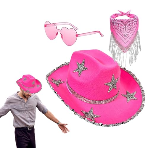 Pruojhw Glitzernde Cowgirl-Mütze, Strass-Cowgirl-Mütze,3X herzförmige Sonnenbrille Cowboyhut | Lustiger glitzernder Cowgirl-Hut, Halloween-Partykostüm für Disco-Partys von Pruojhw