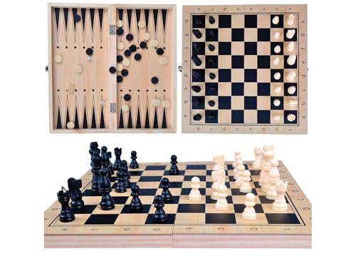 Przydasie 3-in-1 Schachspiel – Holzbrett 34x34 cm, Schach, Dame & Backgammon, Klappbar mit Stauraum, Strategische Brettspiele für Kinder & Erwachsene von Przydasie