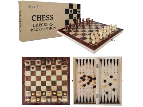 Schachspiel aus Holz, 3 In 1 Schach, Dame, Backgammon, Schachbrett Klappbar, Schachbrett Holz Hochwertig Abschließbarer Koffer, Chess Set für Kinder Erwachsene Party Reisen, 34 x 34 cm von Przydasie