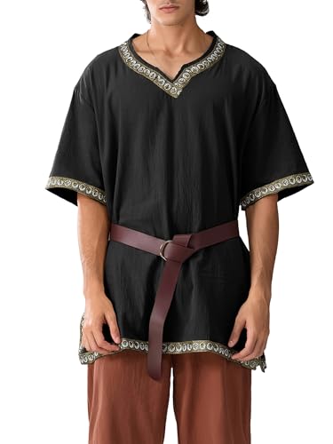 Männer Mittelalter Kostüm Renaissance Templer Tunika Wikinger Ritter Pirat Vintage Krieger Halloween Cosplay Party ohne Gürtel (A-Black, L) von Psdiyiyf