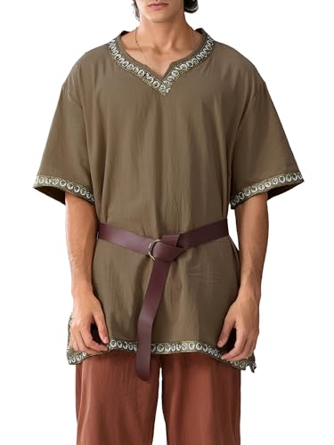 Männer Mittelalter Kostüm Renaissance Templer Tunika Wikinger Ritter Pirat Vintage Krieger Halloween Cosplay Party ohne Gürtel (A-Coffee, L) von Psdiyiyf