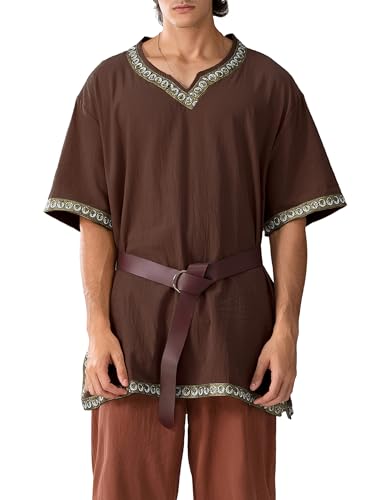 Männer Mittelalter Kostüm Renaissance Templer Tunika Wikinger Ritter Pirat Vintage Krieger Halloween Cosplay Party ohne Gürtel (A-Dark Brown, L) von Psdiyiyf