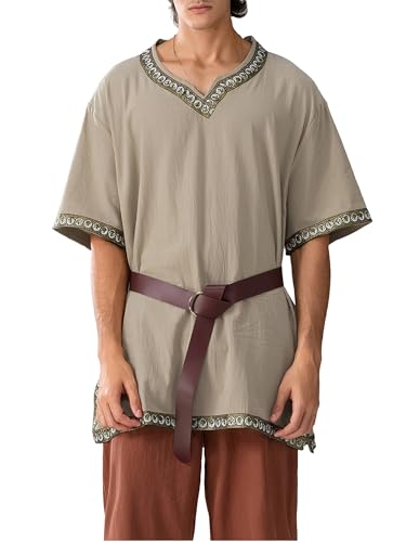 Männer Mittelalter Kostüm Renaissance Templer Tunika Wikinger Ritter Pirat Vintage Krieger Halloween Cosplay Party ohne Gürtel (A-Khaki, L) von Psdiyiyf