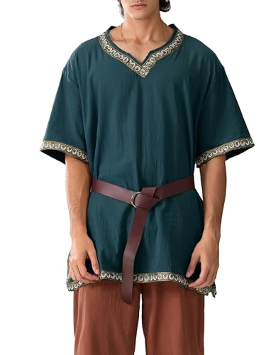 Männer Mittelalter Kostüm Renaissance Templer Tunika Wikinger Ritter Pirat Vintage Krieger Halloween Cosplay Party ohne Gürtel (A-Navy Blue, L) von Psdiyiyf