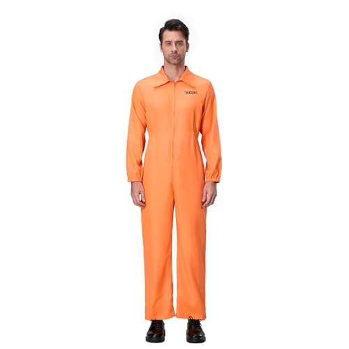 Psdiyiyf Erwachsene Karneval Gefangener Kostüm Langarm Revers Front Reißverschluss Overalls Jumpsuit Gefängnis Kriminelle Kostüm (A-Orange Men, S) von Psdiyiyf