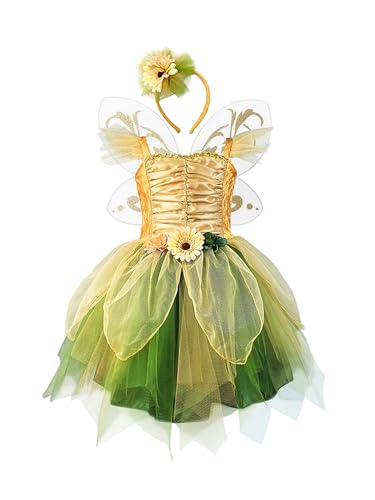 Psdiyiyf Prinzessin Fee Kostüm Outfit für Kinder Tutu Tüll Prinzessin Set Halloween Fancy Party Dress Up mit Stirnband Karneval Cosplay (A-Gold, 4T) von Psdiyiyf