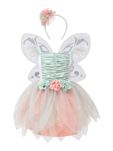 Psdiyiyf Prinzessin Fee Kostüm Outfit für Kinder Tutu Tüll Prinzessin Set Halloween Fancy Party Dress Up mit Stirnband Karneval Cosplay (A-Green, 4T) von Psdiyiyf