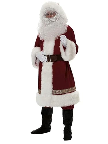 Psdiyiyf Weihnachtsmann Kostüm Outfits Luxus Deluxe Samt Cosplay Fancy Kleid Weihnachtsfeier Neuheit Tops Hosen Cosplay (B-Wine Red, L) von Psdiyiyf