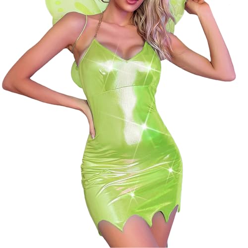 Psdiyiyf Women Fairies Elfen Tinkerbell Frauen Grün Märchen Kleid mit Flügeln with Wings Set Cosplay Party Halloween Faschingskostüme (A-Green, L) von Psdiyiyf