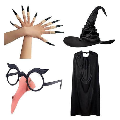 Psdndeww 4 Halloween Hexenkostüm Krummer Hexenhut Hexenumhang Nasenbrille Falsche Nägel Set Weihnachten Cosplay Party Erwachsene von Psdndeww