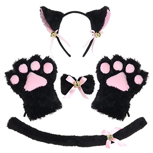 Psdndeww Anime-Ohren-Handschuh-Set für Mädchen, Kätzchen-Design, Handschuhe, Fliege und Partyzubehör von Psdndeww