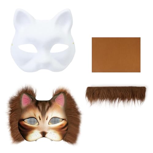 Psdndeww Bemalbare Katzen Gesichtsmaske Mit Pelzigem Besatz Selbstklebender Stoff Unbemalte Maskerade Maske Für Kinder Und Erwachsene Selbstklebende Party Maske von Psdndeww