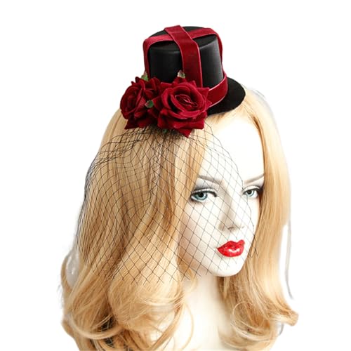 Psdndeww Mittelalterlicher Fascinator mit Rose und Schleier, Haarnadel, Braut, Haarspange, kleiner Hut, Haarspange, Gothic-Haarspange für Halloween von Psdndeww