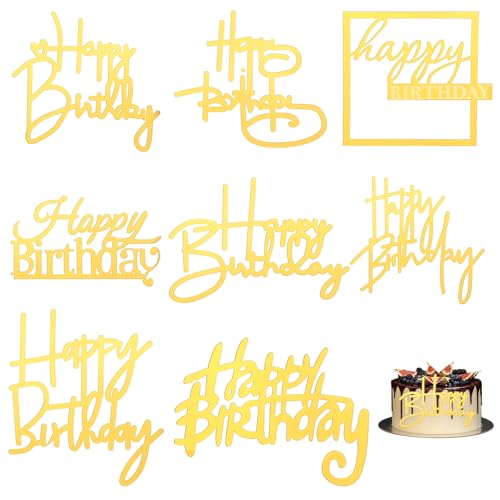 10Stk Goldene Happy Birthday Kuchenaufsätze, Goldenes Happy Birthday Tortendeko Set, Spiegel-Acryl-Kuchenaufsatz, seitliche Kuchendekorationen, Kuchendekorationszubehör von Psyqtsuary