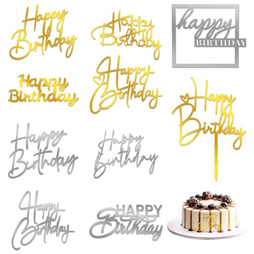 10stück Happy Birthday Tortendeko, Gold Silber Cake Topper Acryl Tortenaufleger Happy Birthday Cake Topper Wiederverwendbarcake Cake Topper Geburtstag Geburtstag Babyparty Jubiläumsfeier Torten Deko von Psyqtsuary