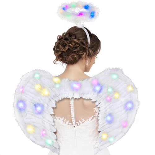 Ptesuply Engelsflügel, Beleuchtete Weiß Engelsflügel und Heiligenschein mit LED Lichter-3 Licht Modi, Engel Kostüm für Karneval, Halloween, Maskerade, Weihnachten von Ptesuply