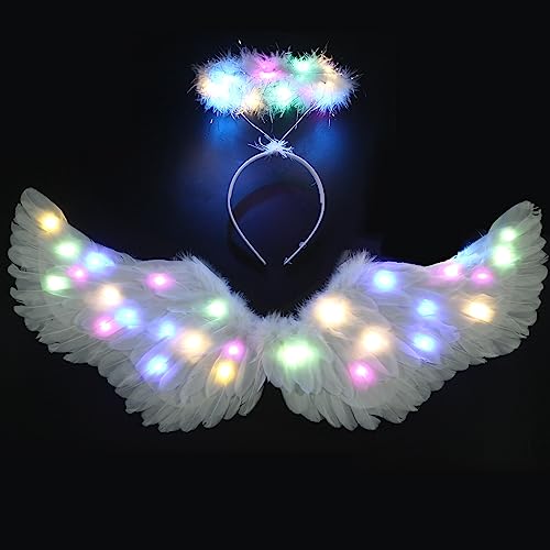 Ptesuply Engelsflügel, beleuchtete Engelsflügel und Heiligenschein mit LED-Lichtern – 3 Leuchtmodi, weißer Engel, Halloween, Kostüm, Weihnachten, Cosplay, Party (bunt licht-groß) von Ptesuply