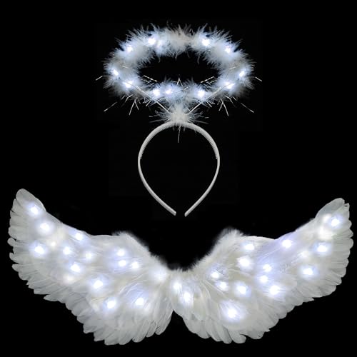 Ptesuply Engelsflügel, beleuchtete Engelsflügel und Heiligenschein mit LED-Lichtern – 3 Leuchtmodi, weißer Engel, Halloween, Kostüm, Weihnachten, Cosplay, Party (kühles weiß-groß) von Ptesuply