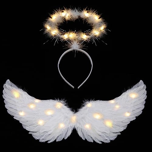 Ptesuply Engelsflügel, beleuchtete Engelsflügel und Heiligenschein mit LED-Lichtern – 3 Leuchtmodi, weißer Engel, Halloween, Kostüm, Weihnachten, Cosplay, Party (warmes licht-groß) von Ptesuply