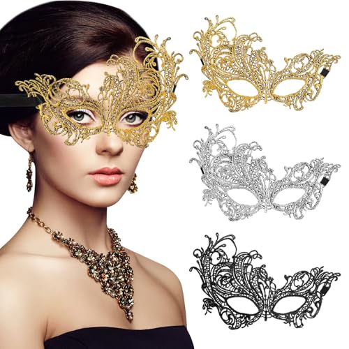 Ptwola 3 Stück Damen Maske Maskerade Spitzen-Augenmasken Venezianische Halbmasken aus Spitze für Damen, Herren, Halloween, Karneval, Kostümball, Party, Cosplay von Ptwola